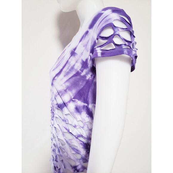 PURPLE WONDER - MEDIUM - White and Purple Tie Dyed Loose Fit V-Neck Top and Cuts - Picture 4 of 6